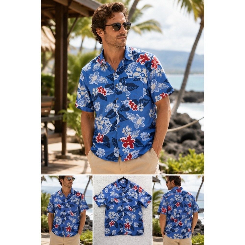 IZOD Silk Floral Hawaiian Shirt Mens XL Blue Tropical Camp Button Down